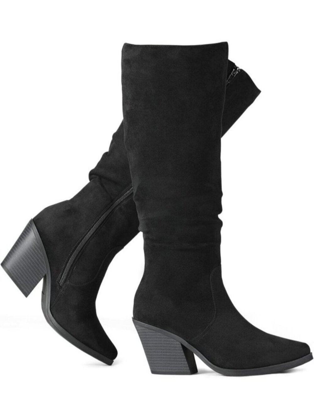 Women's Black Knee High Boots Stacked Chunky Heel Tall Boots Western Faux Suede